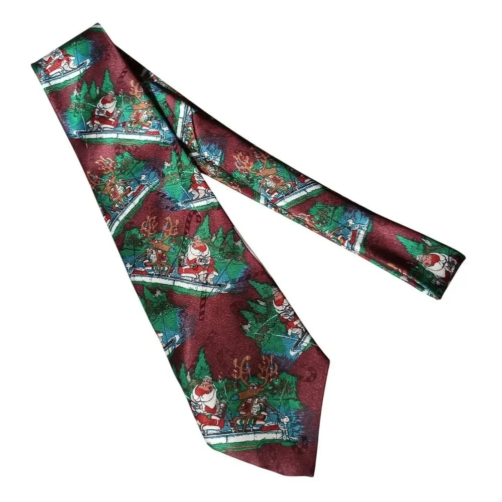 Sabatini Hallmark Mens Christmas Tie Santa Reindeer Fishing Burgundy Polyester